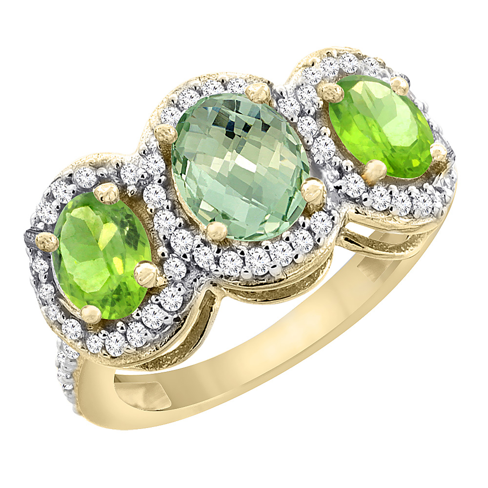 14K Yellow Gold Natural Green Amethyst & Peridot 3-Stone Ring Oval Diamond Accent, sizes 5 - 10
