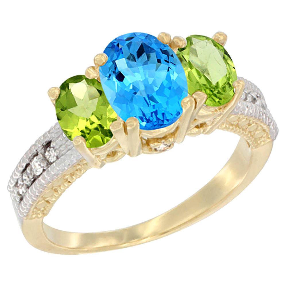 10K Yellow Gold Diamond Natural Swiss Blue Topaz Ring Oval 3-stone with Peridot, sizes 5 - 10