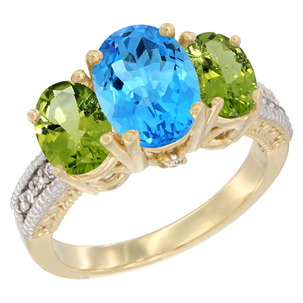 14K Yellow Gold Diamond Natural Swiss Blue Topaz Ring 3-Stone Oval 8x6mm with Peridot, sizes5-10