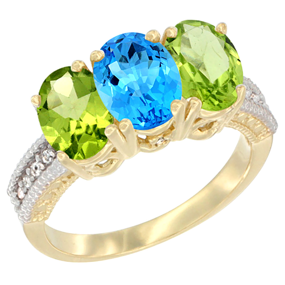 14K Yellow Gold Natural Swiss Blue Topaz &amp; Peridot Sides Ring 3-Stone 7x5 mm Oval Diamond Accent, sizes 5 - 10