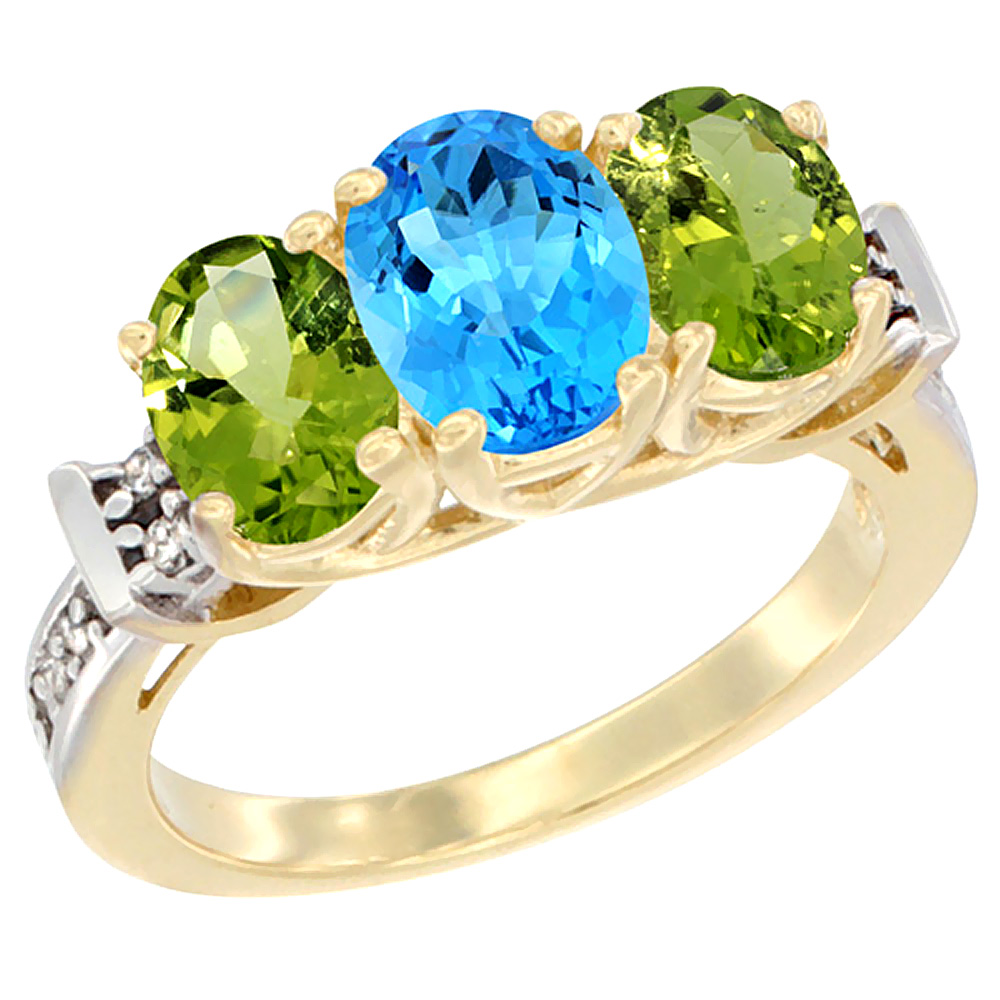 14K Yellow Gold Natural Swiss Blue Topaz &amp; Peridot Sides Ring 3-Stone Oval Diamond Accent, sizes 5 - 10