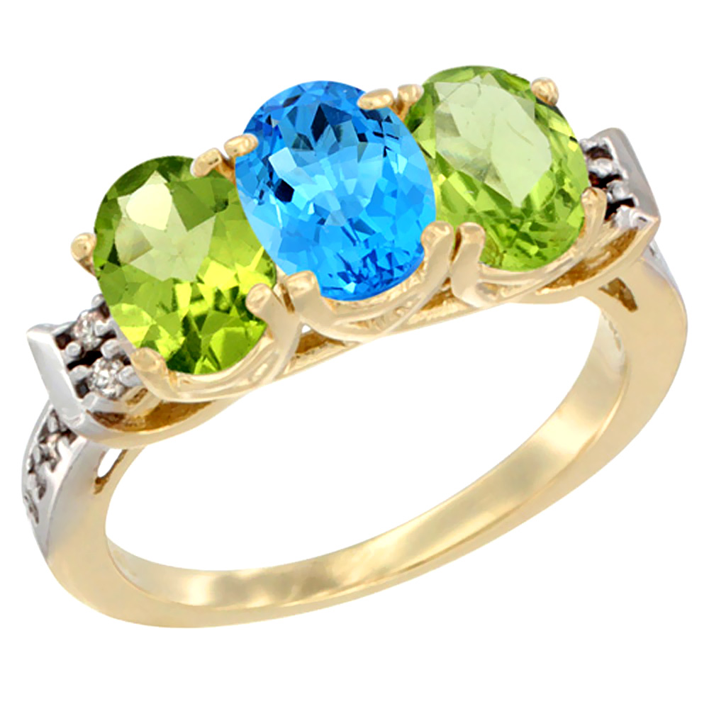 10K Yellow Gold Natural Swiss Blue Topaz &amp; Peridot Sides Ring 3-Stone Oval 7x5 mm Diamond Accent, sizes 5 - 10