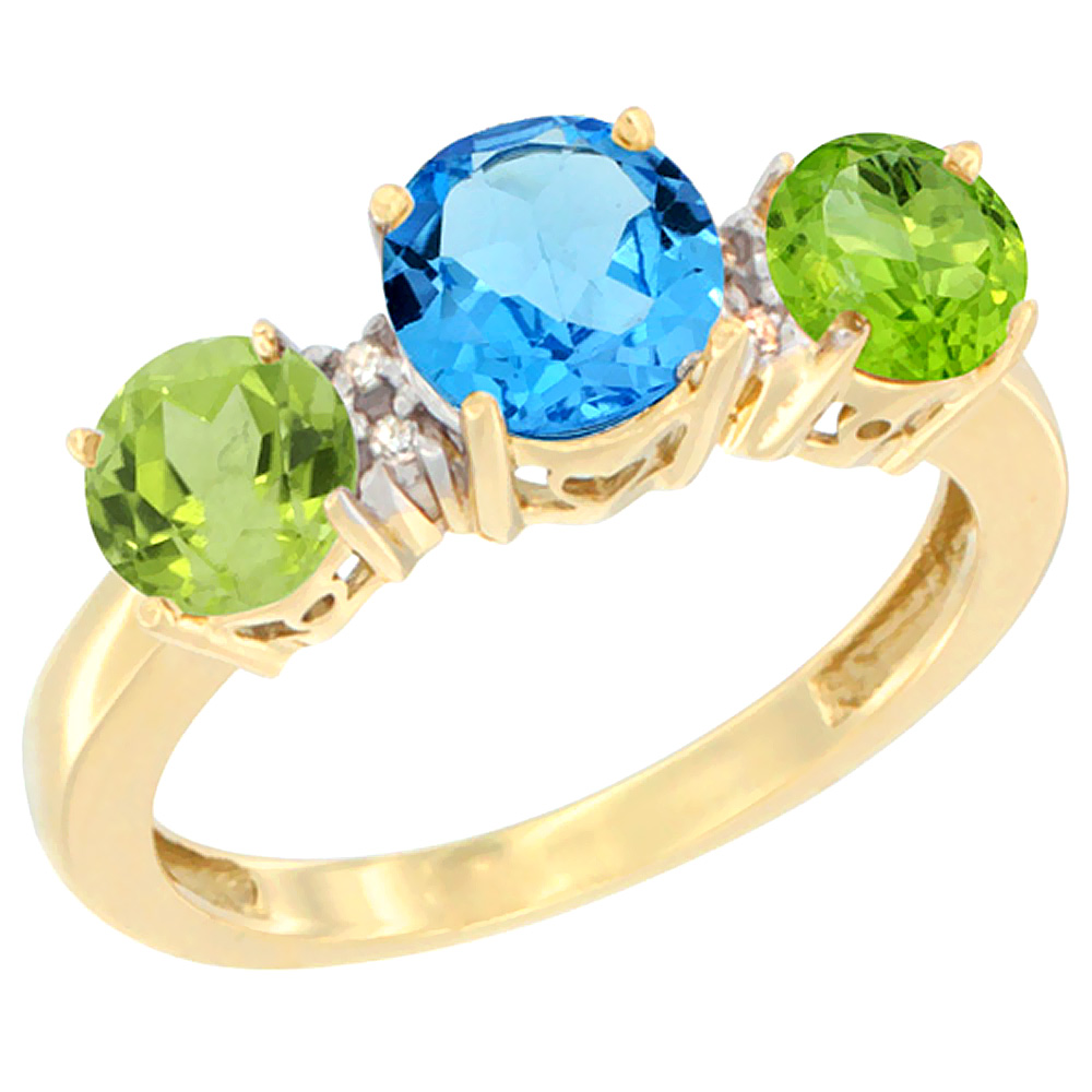 10K Yellow Gold Round 3-Stone Natural Swiss Blue Topaz Ring & Peridot Sides Diamond Accent, sizes 5 - 10
