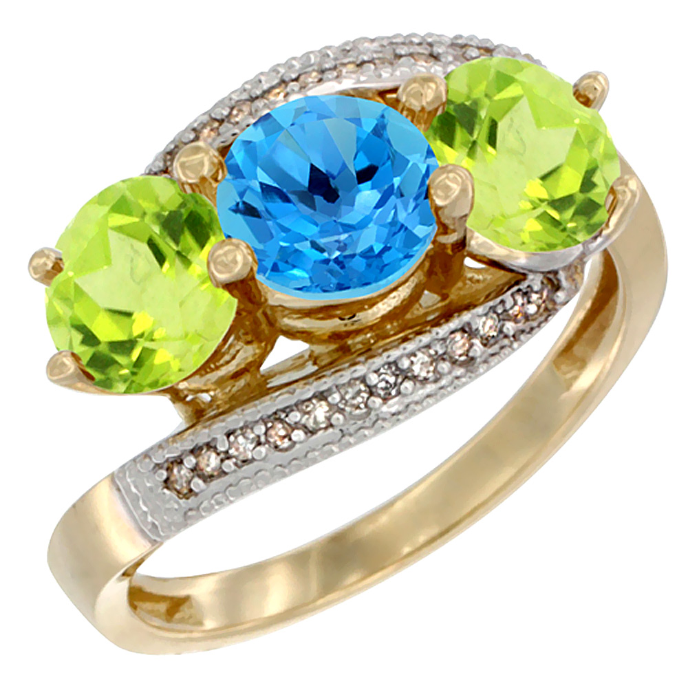 14K Yellow Gold Natural Swiss Blue Topaz & Peridot Sides 3 stone Ring Round 6mm Diamond Accent, sizes 5 - 10