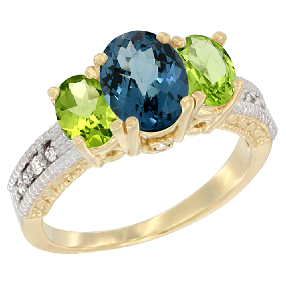 14K Yellow Gold Diamond Natural London Blue Topaz Ring Oval 3-stone with Peridot, sizes 5 - 10