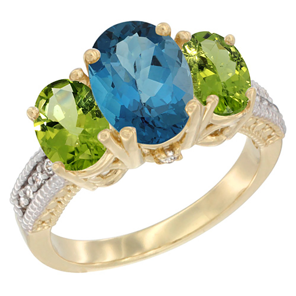 10K Yellow Gold Diamond Natural London Blue Topaz Ring 3-Stone Oval 8x6mm with Peridot, sizes5-10