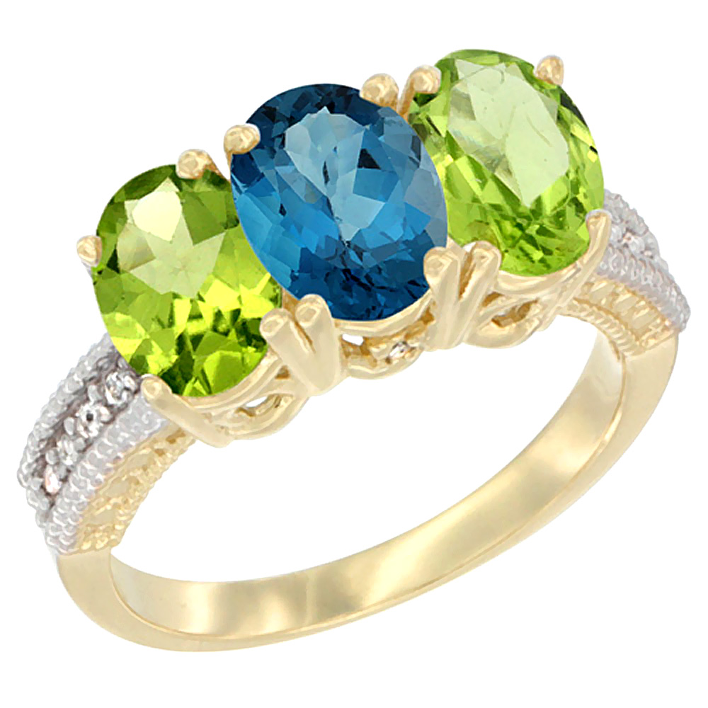 14K Yellow Gold Natural London Blue Topaz & Peridot Sides Ring 3-Stone 7x5 mm Oval Diamond Accent, sizes 5 - 10