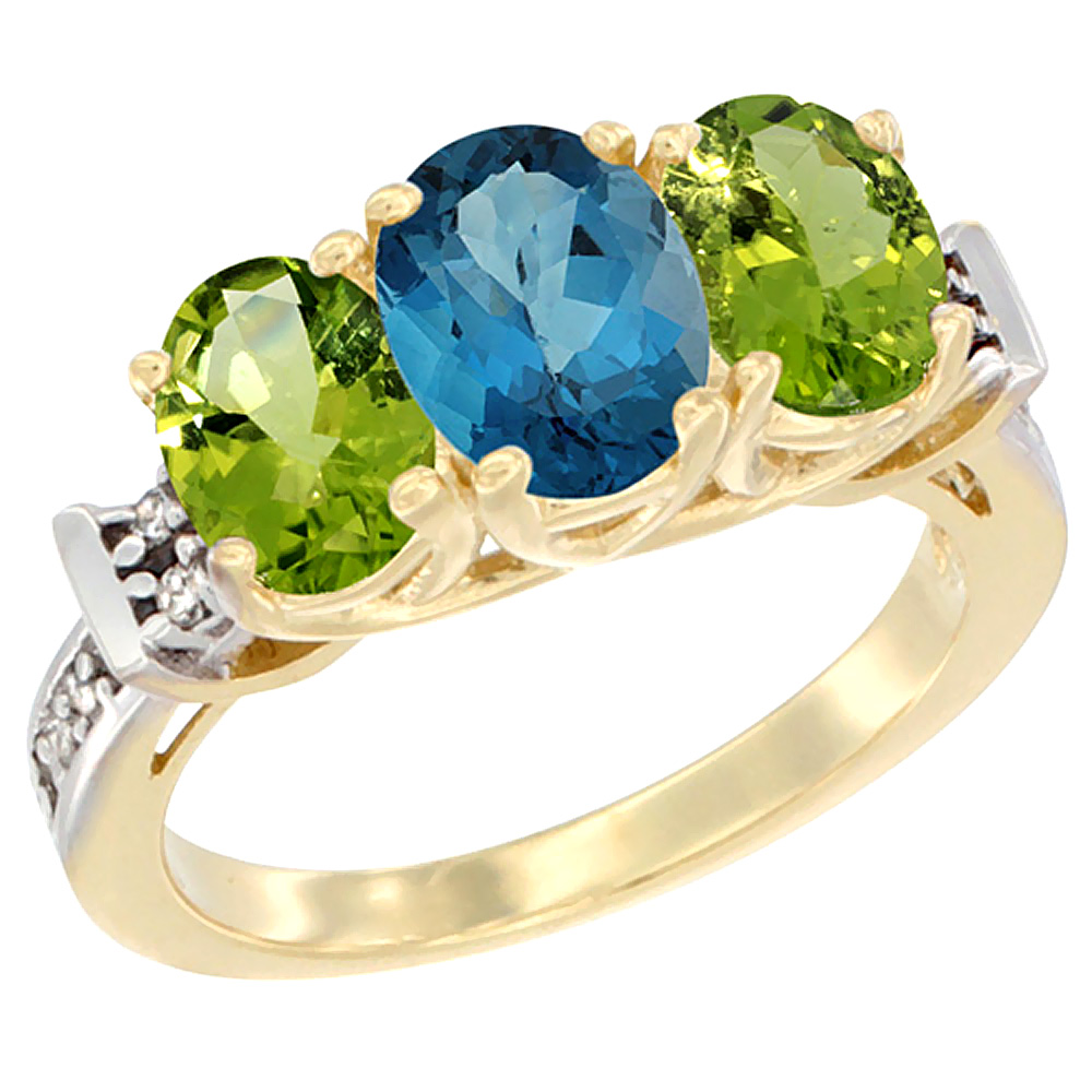 14K Yellow Gold Natural London Blue Topaz &amp; Peridot Sides Ring 3-Stone Oval Diamond Accent, sizes 5 - 10