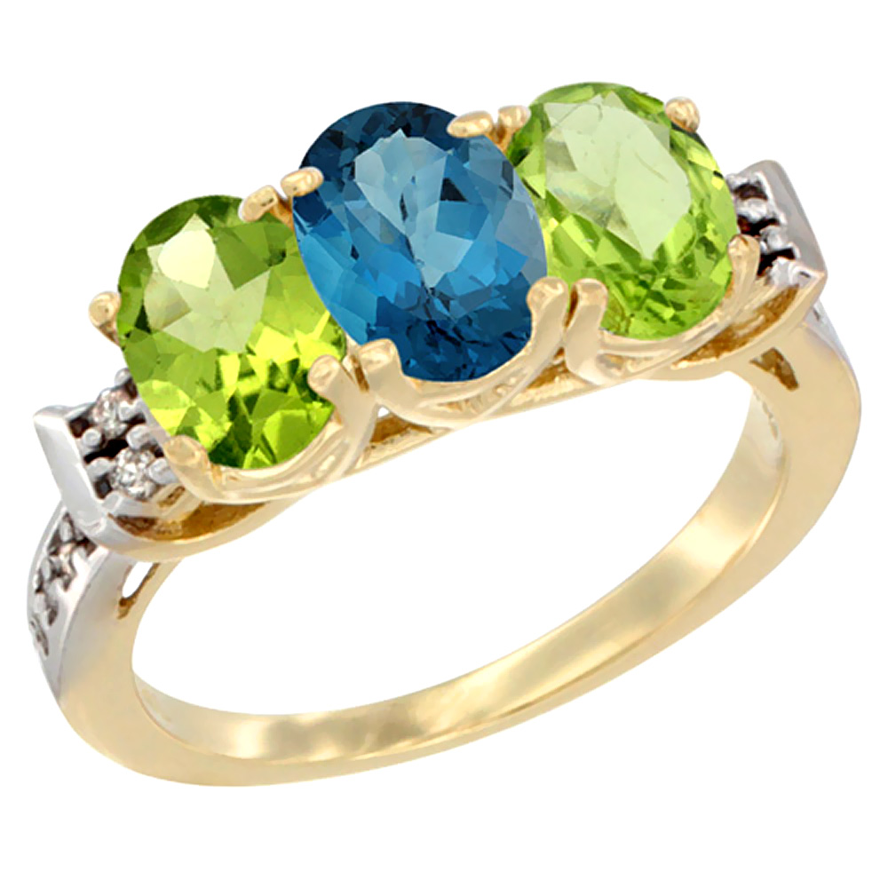 14K Yellow Gold Natural London Blue Topaz & Peridot Sides Ring 3-Stone 7x5 mm Oval Diamond Accent, sizes 5 - 10