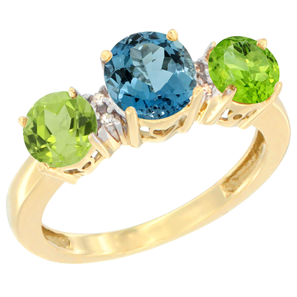 10K Yellow Gold Round 3-Stone Natural London Blue Topaz Ring &amp; Peridot Sides Diamond Accent, sizes 5 - 10