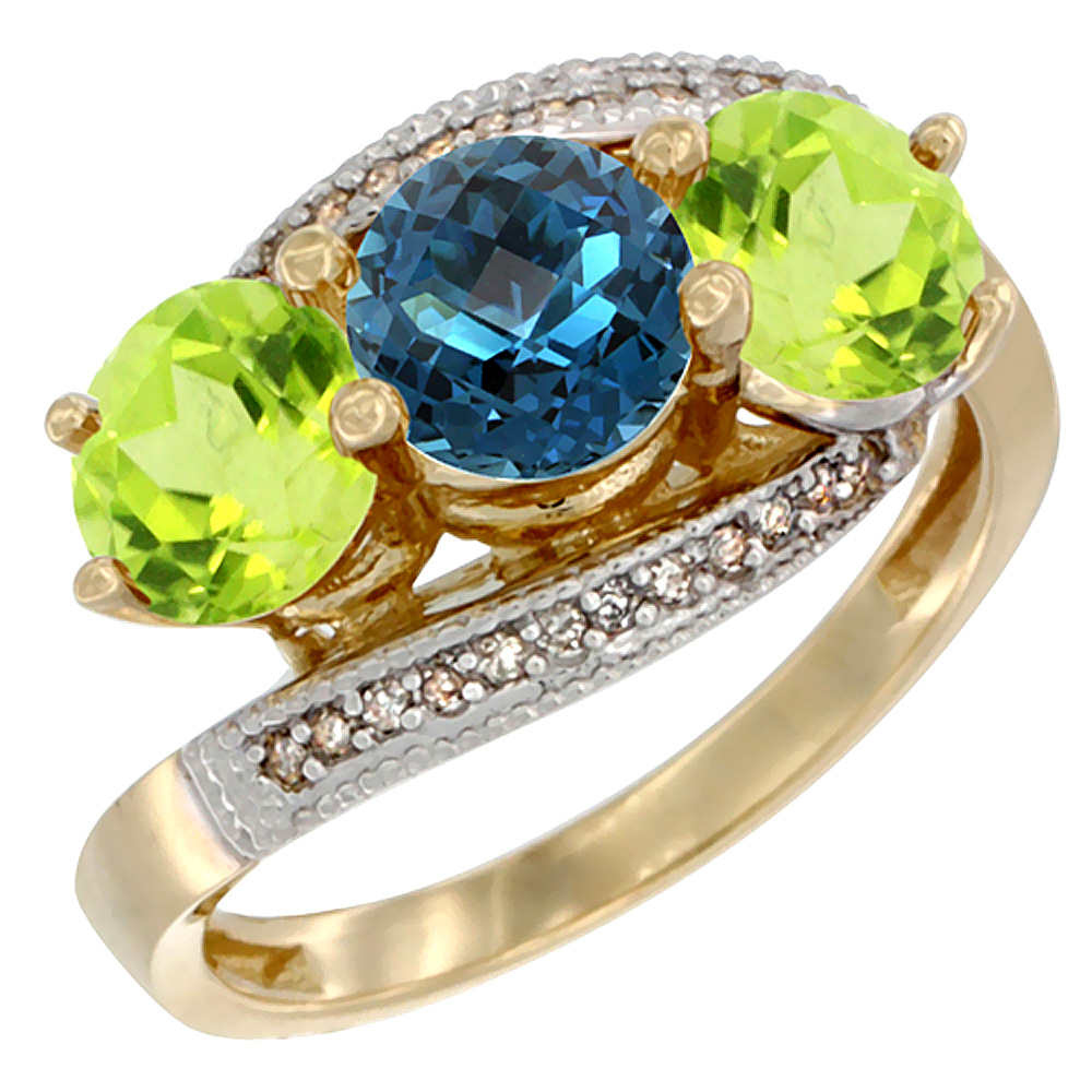 14K Yellow Gold Natural London Blue Topaz &amp; Peridot Sides 3 stone Ring Round 6mm Diamond Accent, sizes 5 - 10