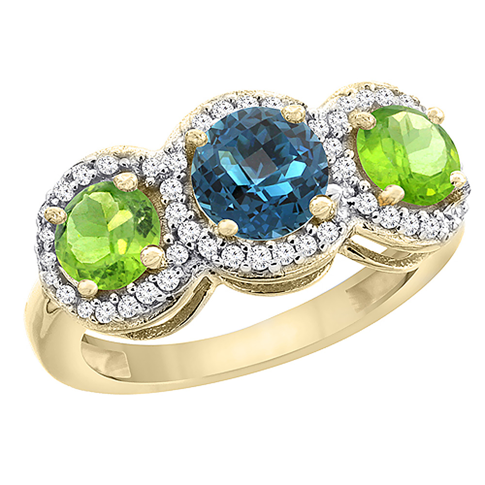 14K Yellow Gold Natural London Blue Topaz & Peridot Sides Round 3-stone Ring Diamond Accents, sizes 5 - 10