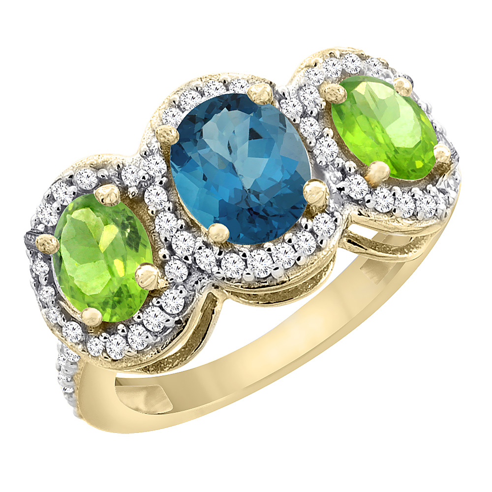 14K Yellow Gold Natural London Blue Topaz & Peridot 3-Stone Ring Oval Diamond Accent, sizes 5 - 10