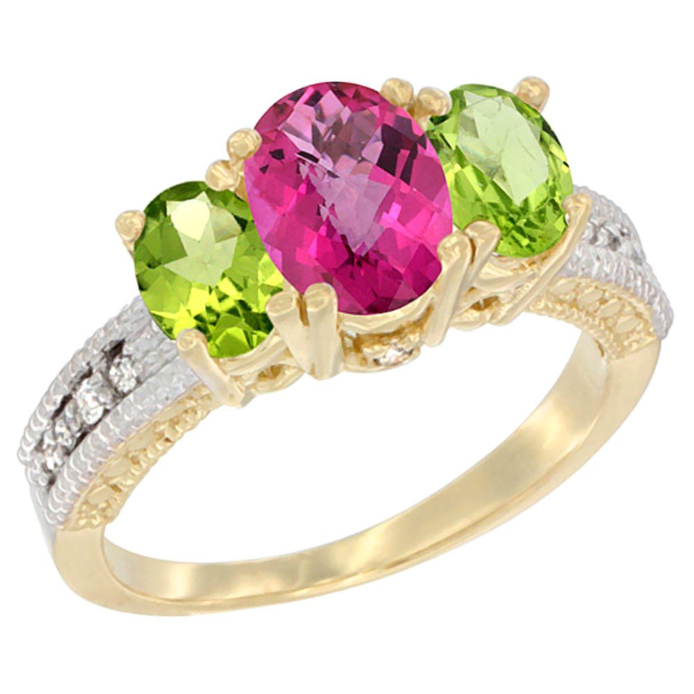 10K Yellow Gold Diamond Natural Pink Topaz Ring Oval 3-stone with Peridot, sizes 5 - 10