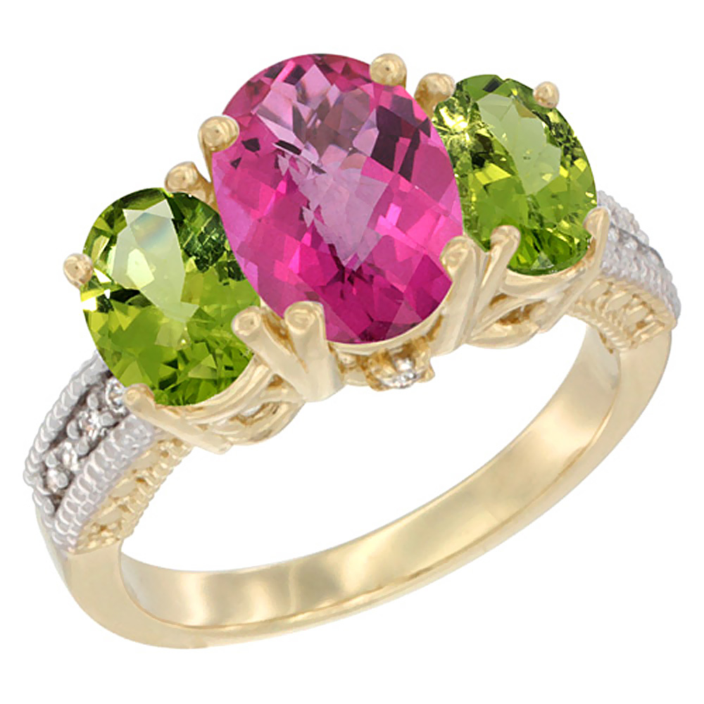 14K Yellow Gold Diamond Natural Pink Topaz Ring 3-Stone Oval 8x6mm with Peridot, sizes5-10