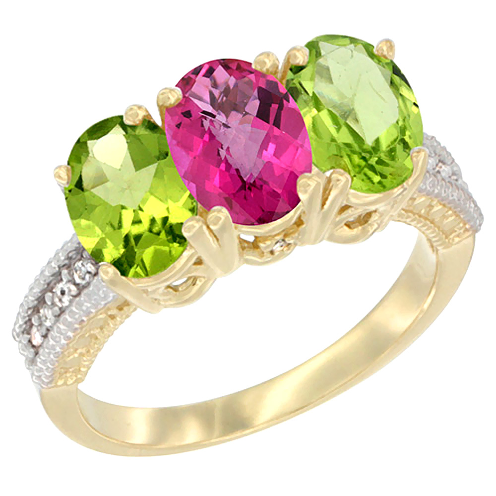 14K Yellow Gold Natural Pink Topaz &amp; Peridot Sides Ring 3-Stone 7x5 mm Oval Diamond Accent, sizes 5 - 10