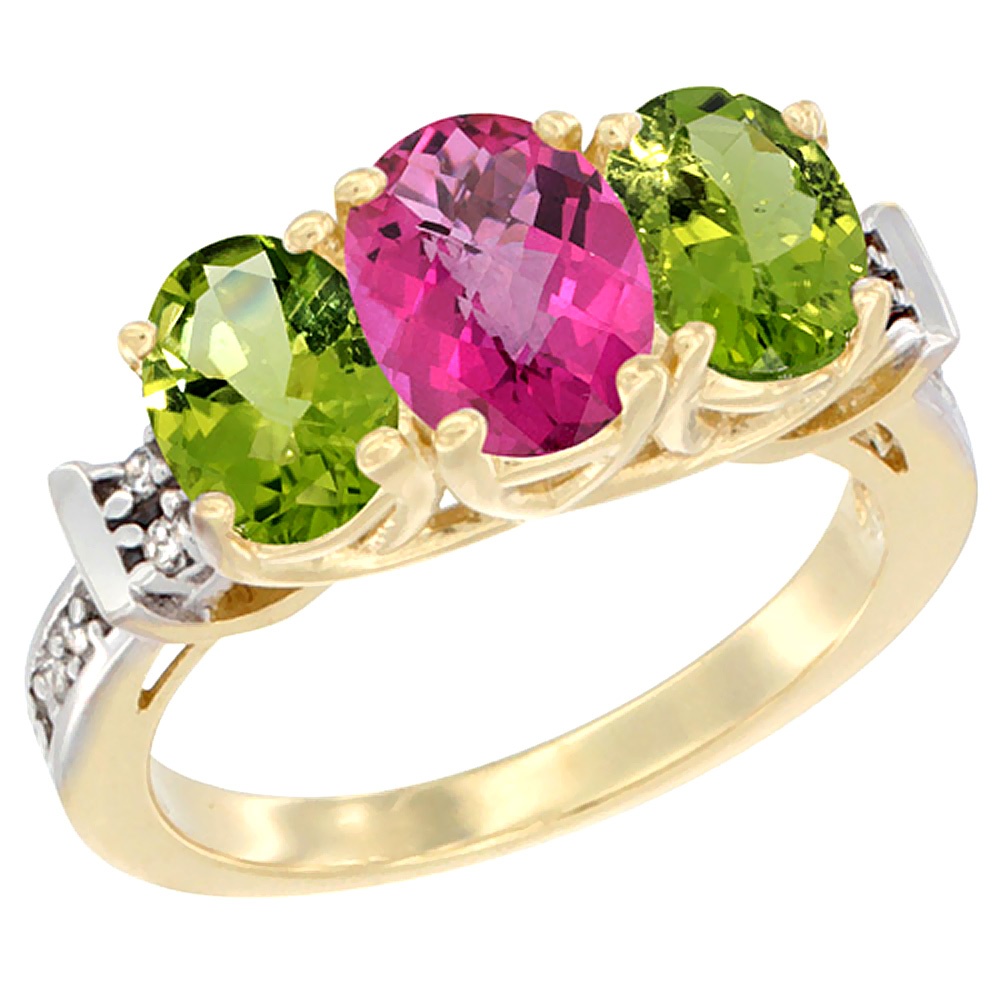 14K Yellow Gold Natural Pink Topaz & Peridot Sides Ring 3-Stone Oval Diamond Accent, sizes 5 - 10