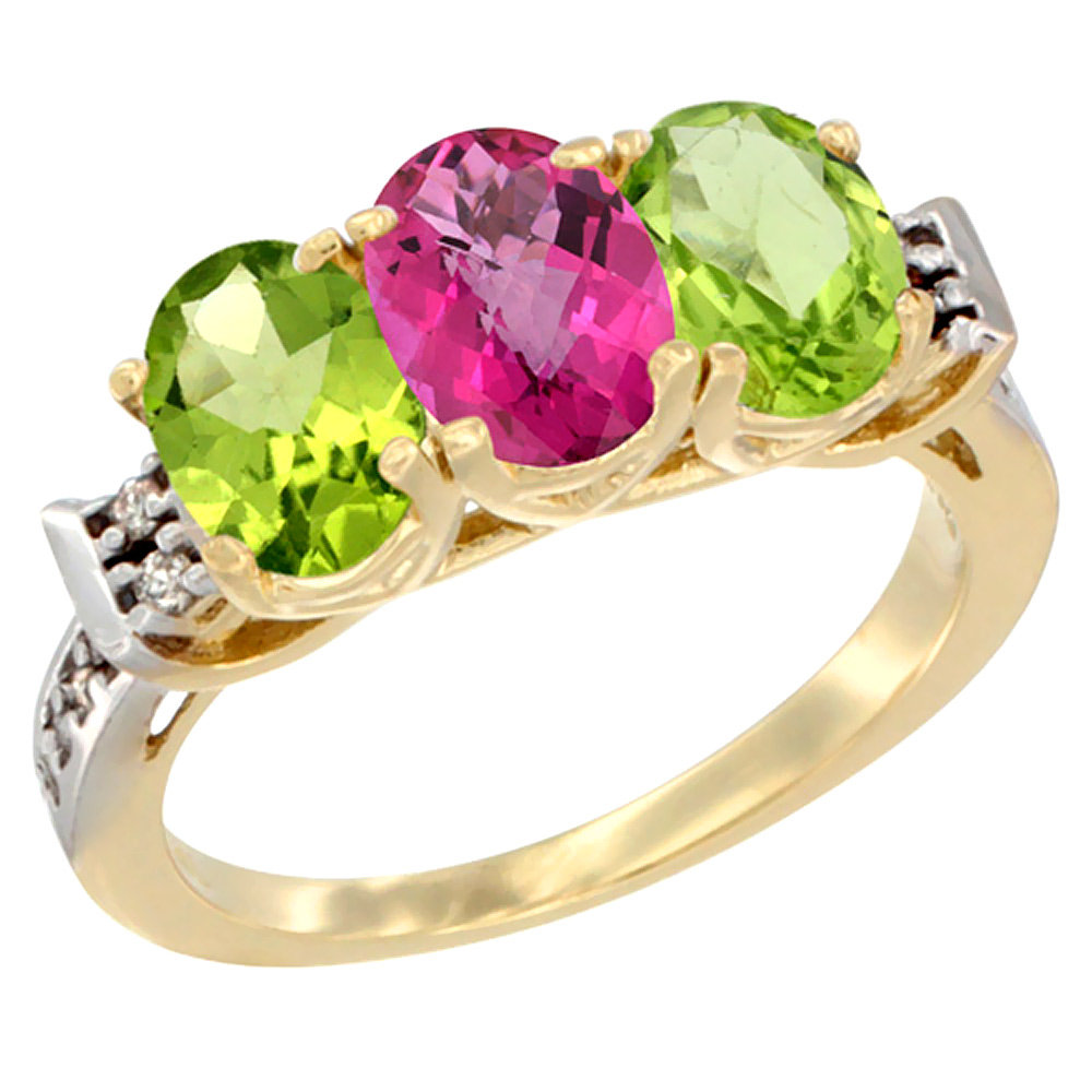 10K Yellow Gold Natural Pink Topaz &amp; Peridot Sides Ring 3-Stone Oval 7x5 mm Diamond Accent, sizes 5 - 10