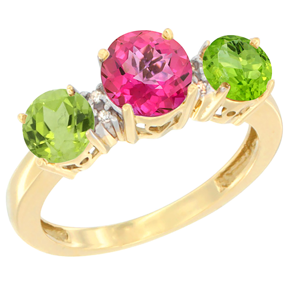 10K Yellow Gold Round 3-Stone Natural Pink Topaz Ring &amp; Peridot Sides Diamond Accent, sizes 5 - 10