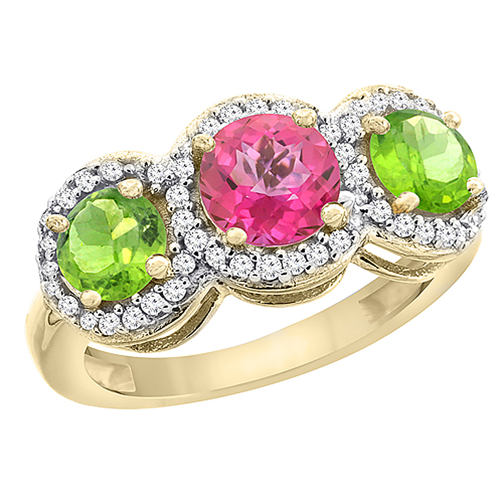 10K Yellow Gold Natural Pink Topaz &amp; Peridot Sides Round 3-stone Ring Diamond Accents, sizes 5 - 10
