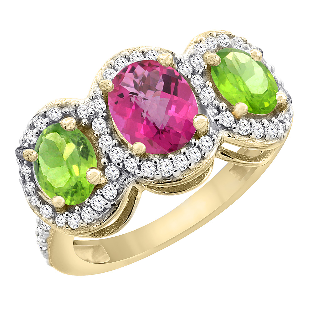 10K Yellow Gold Natural Pink Topaz & Peridot 3-Stone Ring Oval Diamond Accent, sizes 5 - 10