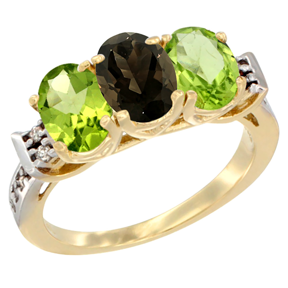 10K Yellow Gold Natural Smoky Topaz & Peridot Sides Ring 3-Stone Oval 7x5 mm Diamond Accent, sizes 5 - 10