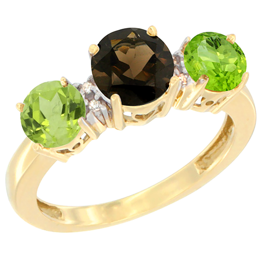 14K Yellow Gold Round 3-Stone Natural Smoky Topaz Ring & Peridot Sides Diamond Accent, sizes 5 - 10