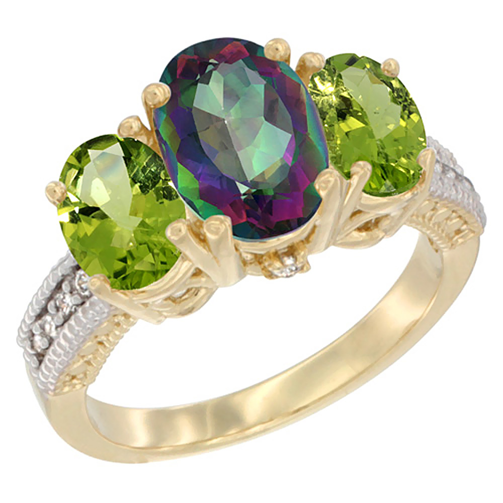 10K Yellow Gold Diamond Natural Mystic Topaz Ring 3-Stone Oval 8x6mm with Peridot, sizes5-10