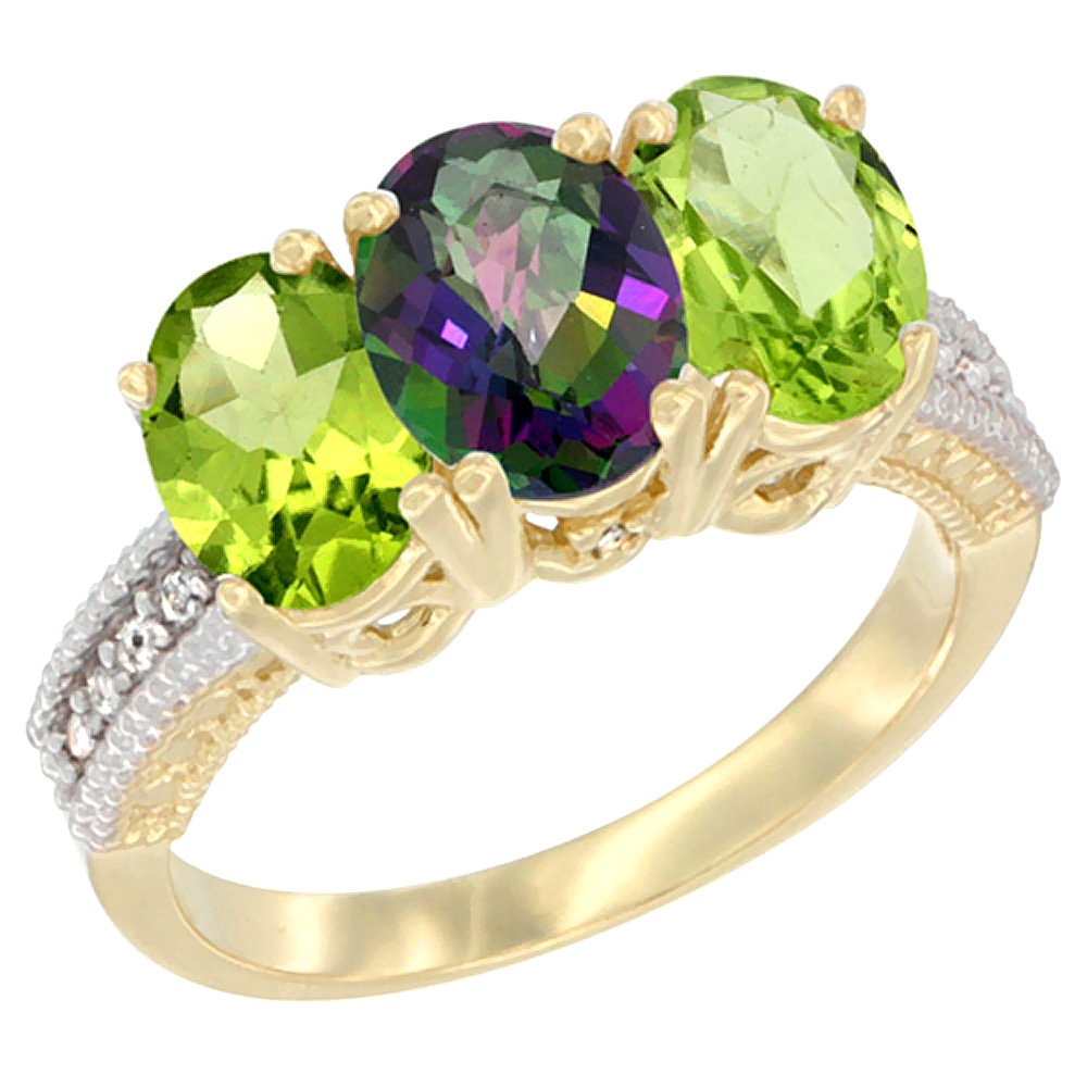 14K Yellow Gold Natural Mystic Topaz & Peridot Sides Ring 3-Stone 7x5 mm Oval Diamond Accent, sizes 5 - 10