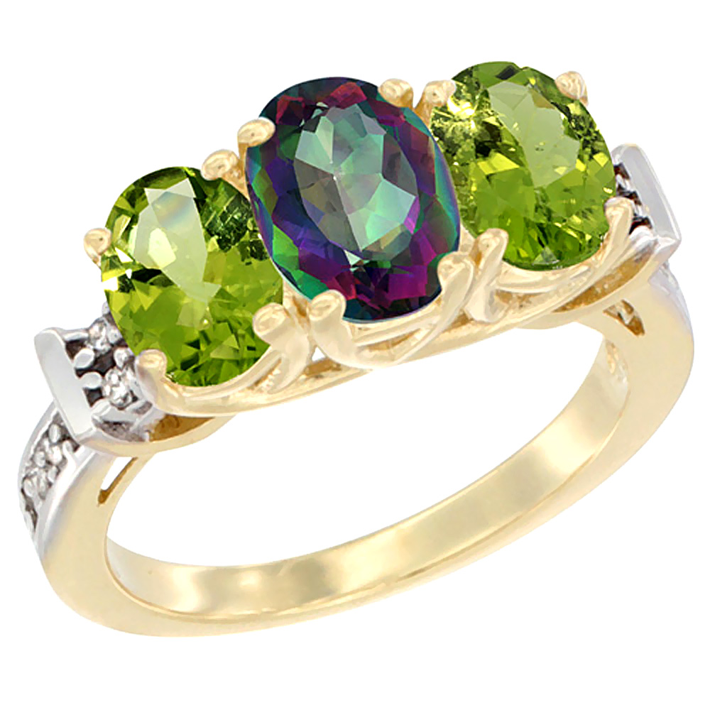 14K Yellow Gold Natural Mystic Topaz &amp; Peridot Sides Ring 3-Stone Oval Diamond Accent, sizes 5 - 10