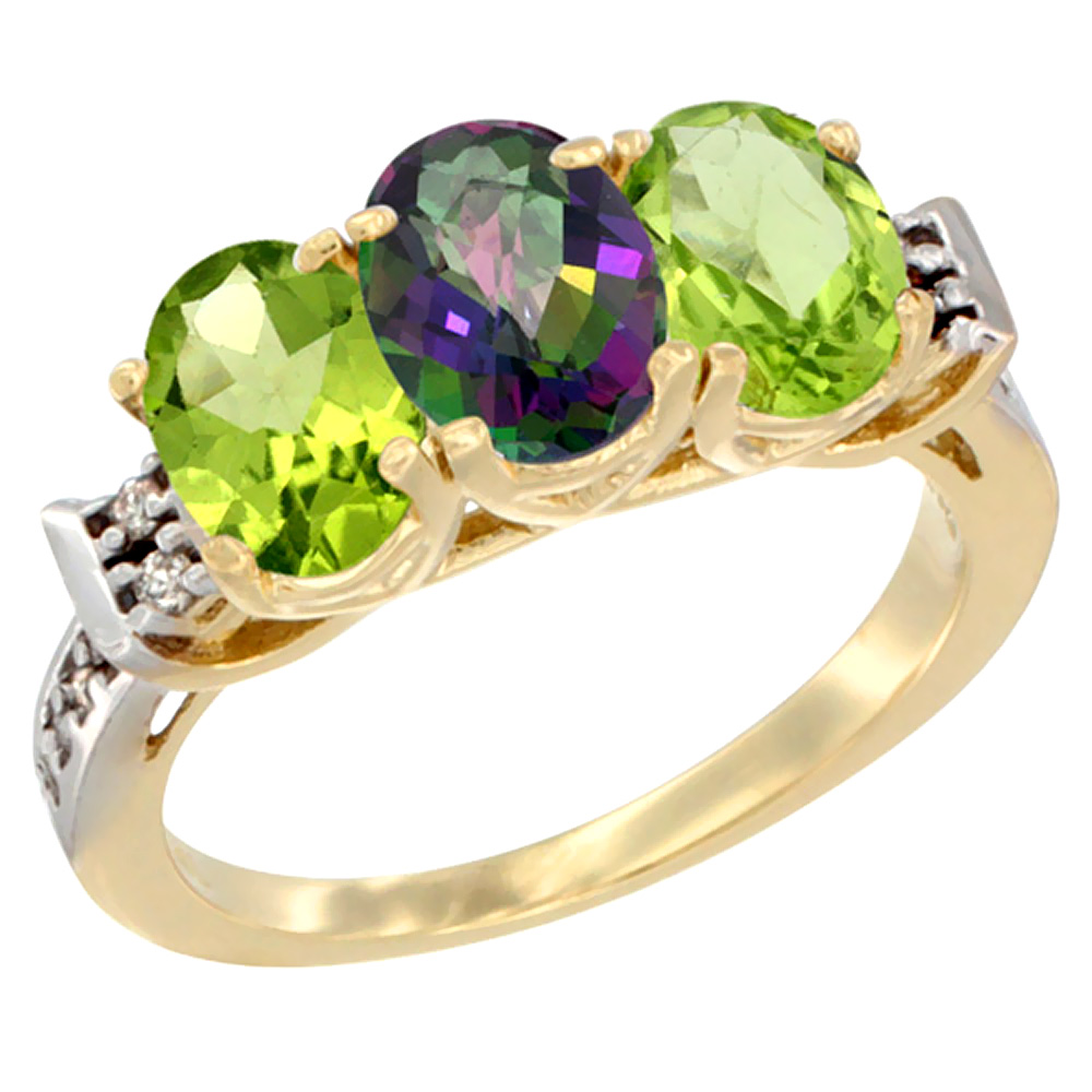 14K Yellow Gold Natural Mystic Topaz & Peridot Sides Ring 3-Stone 7x5 mm Oval Diamond Accent, sizes 5 - 10