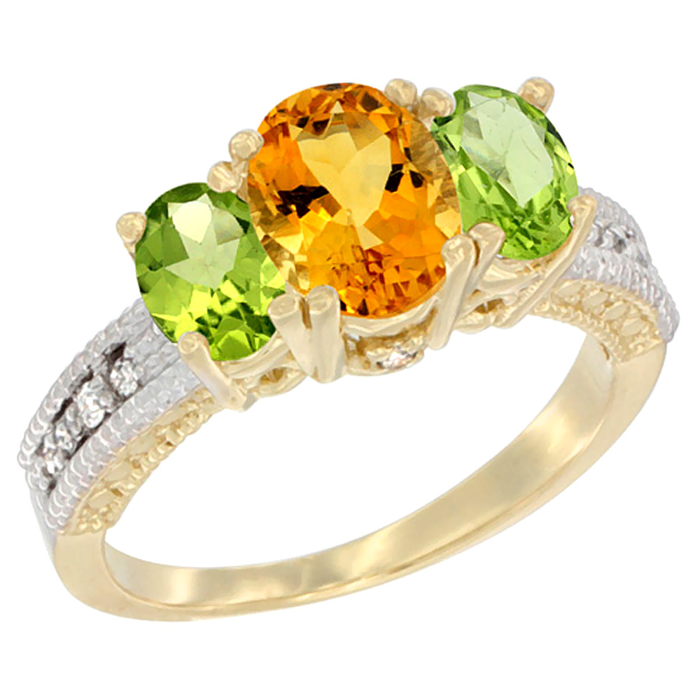 10K Yellow Gold Diamond Natural Citrine Ring Oval 3-stone with Peridot, sizes 5 - 10