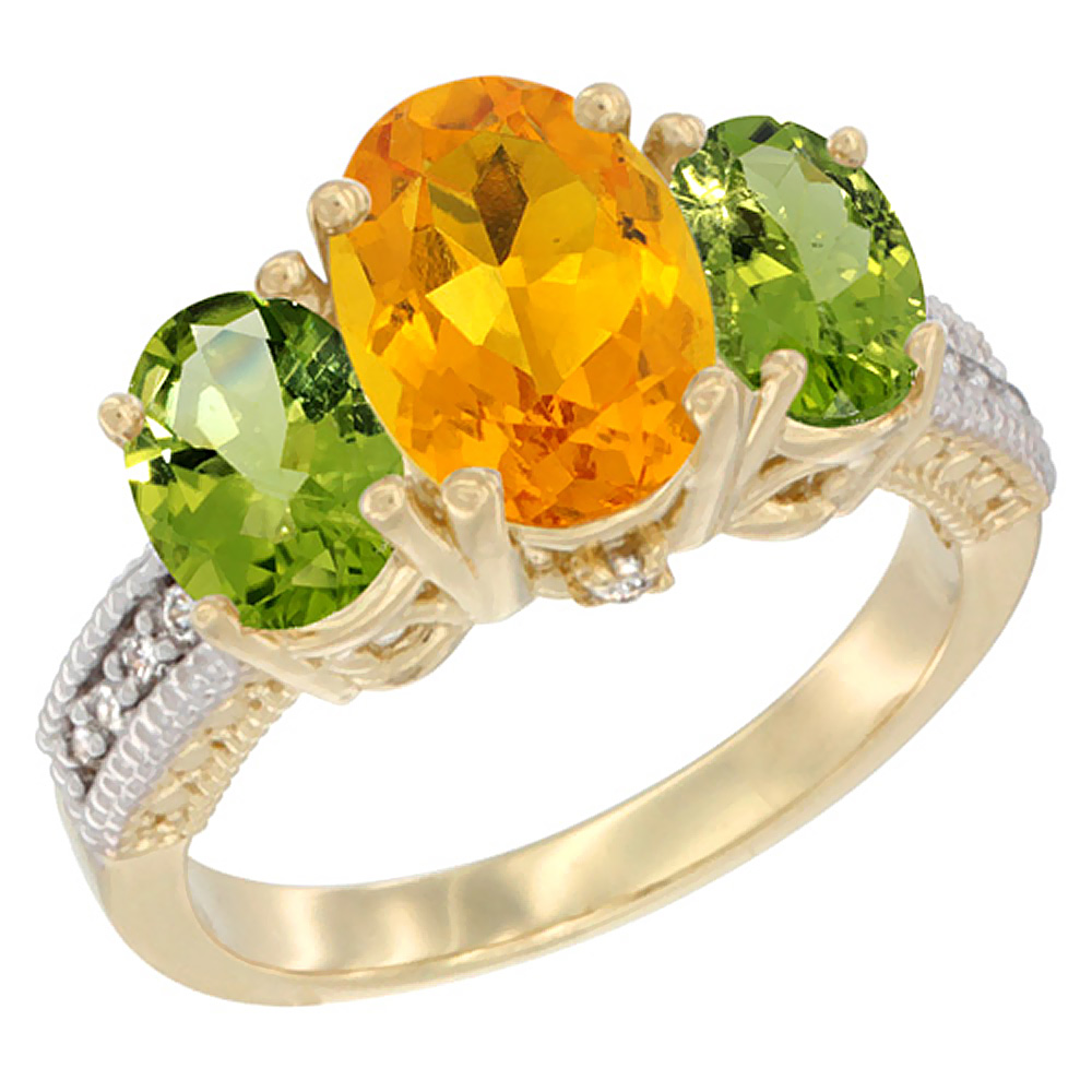 14K Yellow Gold Diamond Natural Citrine Ring 3-Stone Oval 8x6mm with Peridot, sizes5-10