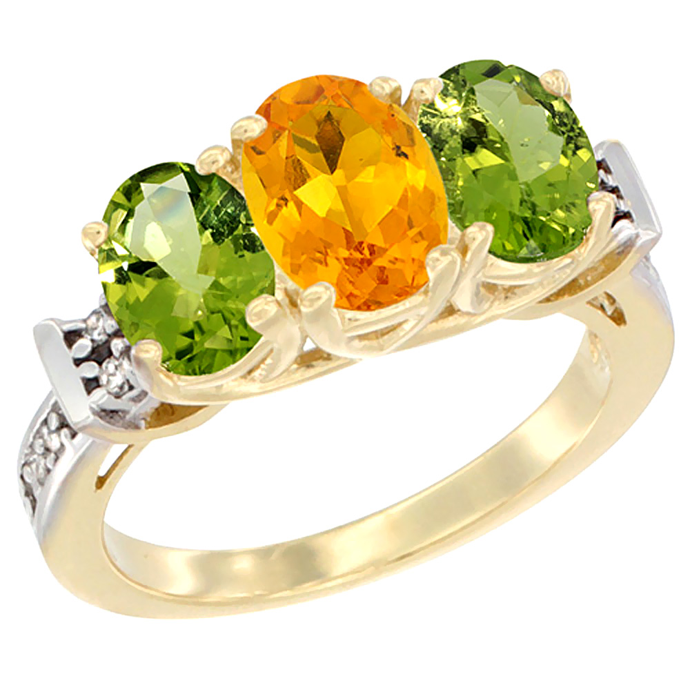14K Yellow Gold Natural Citrine & Peridot Sides Ring 3-Stone Oval Diamond Accent, sizes 5 - 10