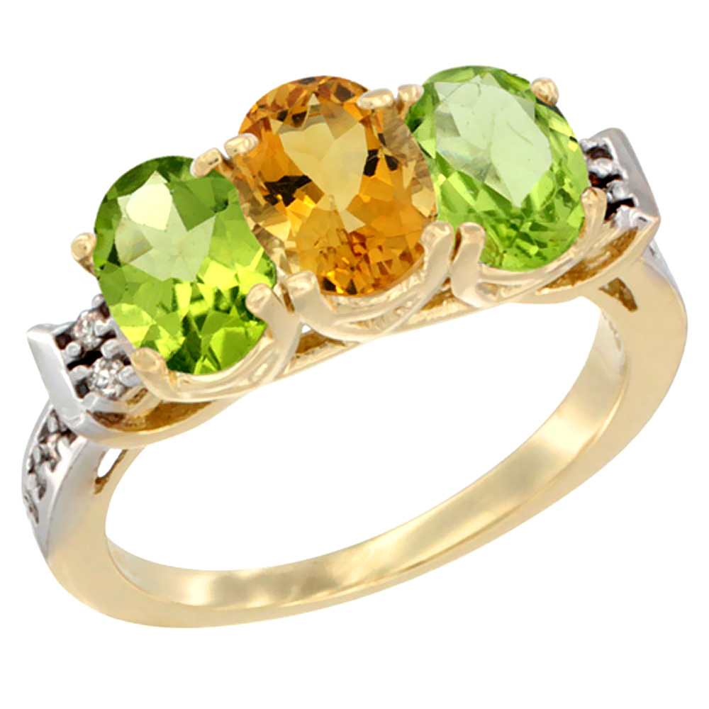 14K Yellow Gold Natural Citrine &amp; Peridot Sides Ring 3-Stone 7x5 mm Oval Diamond Accent, sizes 5 - 10