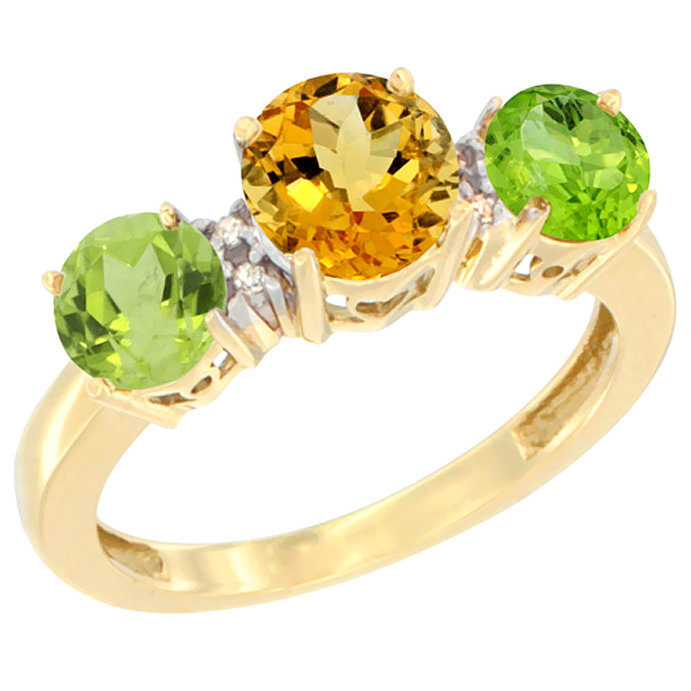 14K Yellow Gold Round 3-Stone Natural Citrine Ring & Peridot Sides Diamond Accent, sizes 5 - 10