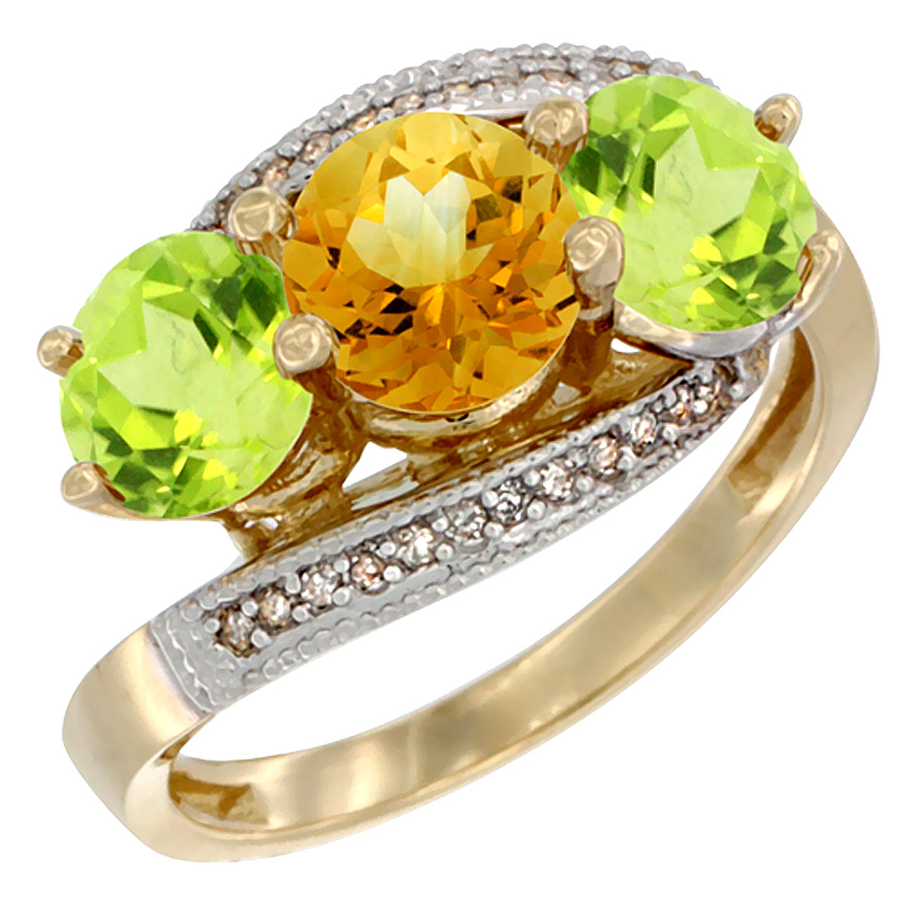 14K Yellow Gold Natural Citrine & Peridot Sides 3 stone Ring Round 6mm Diamond Accent, sizes 5 - 10