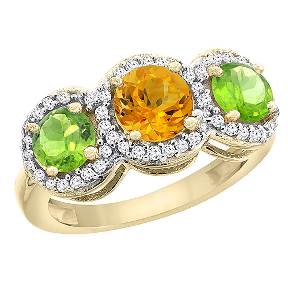 10K Yellow Gold Natural Citrine & Peridot Sides Round 3-stone Ring Diamond Accents, sizes 5 - 10