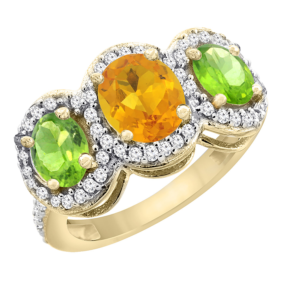 10K Yellow Gold Natural Citrine & Peridot 3-Stone Ring Oval Diamond Accent, sizes 5 - 10
