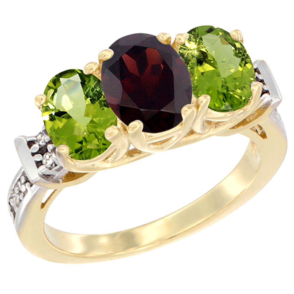 14K Yellow Gold Natural Garnet & Peridot Sides Ring 3-Stone Oval Diamond Accent, sizes 5 - 10