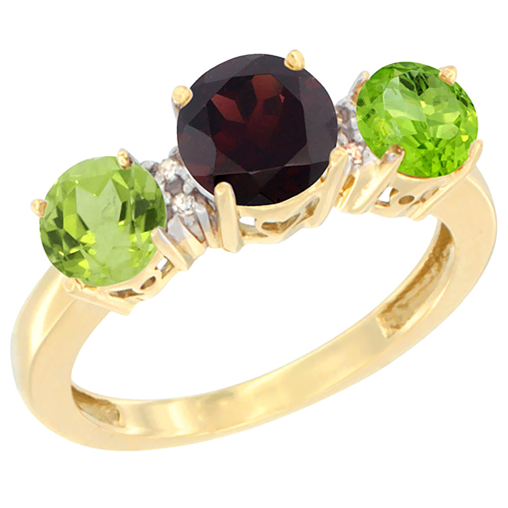 10K Yellow Gold Round 3-Stone Natural Garnet Ring &amp; Peridot Sides Diamond Accent, sizes 5 - 10