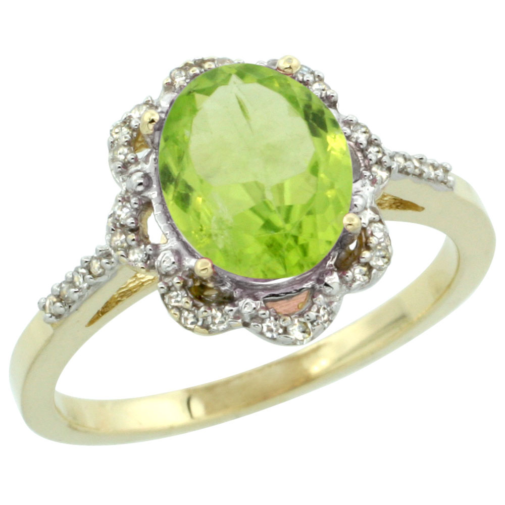 10K Yellow Gold Diamond Halo Natural Peridot Engagement Ring Oval 9x7mm, sizes 5-10
