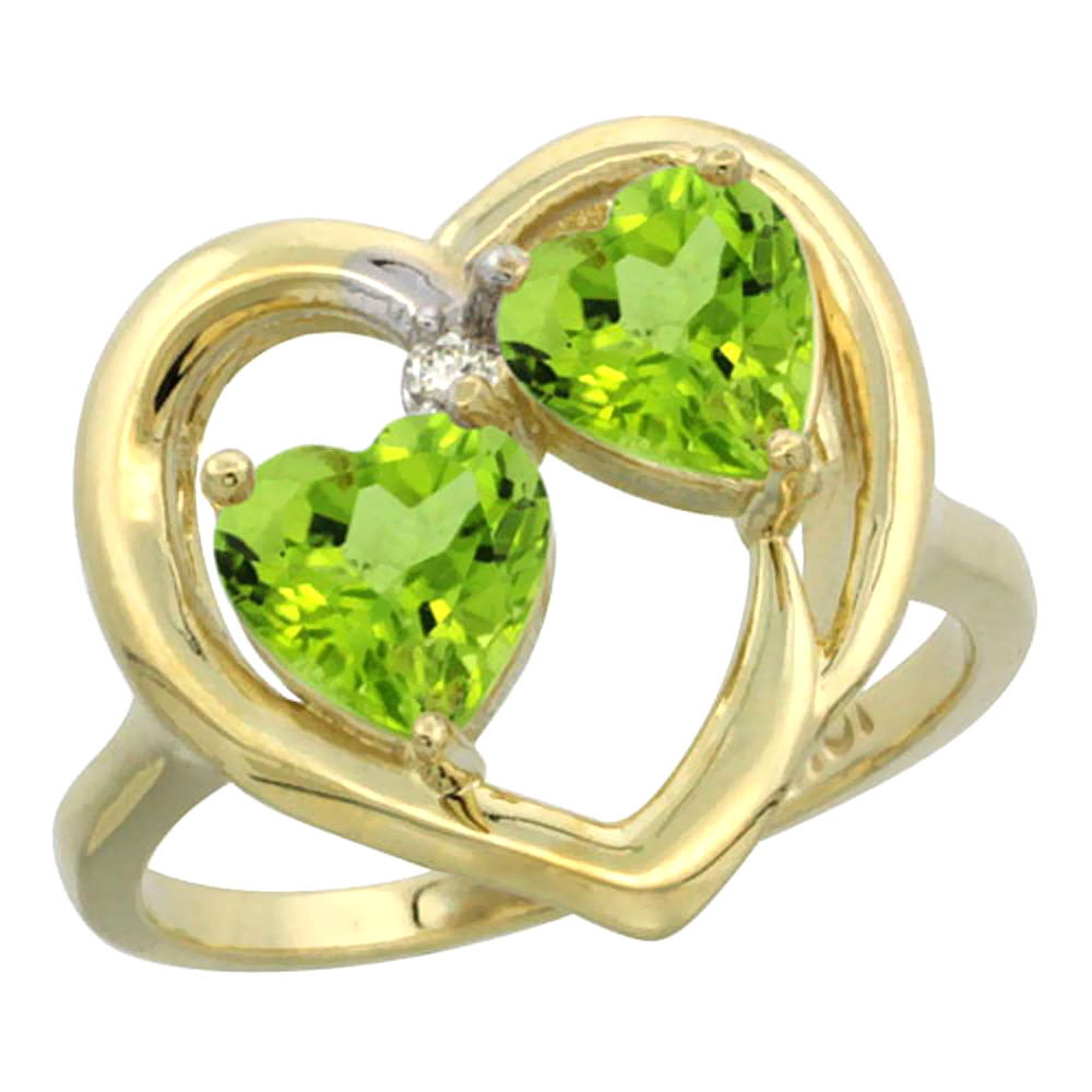 14K Yellow Gold Diamond Two-stone Heart Ring 6mm Natural Peridot, sizes 5-10