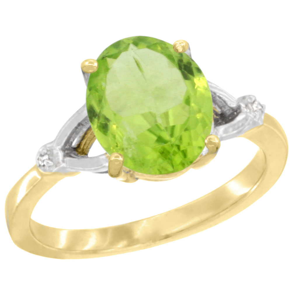 10K YELLOW GOLD SIMPLE LARGE 4 PRONG 10X8MM OVAL PERIDOT ENGAGEMENT RING FOR WOMEN 3/8 INCH WIDE SIZES 6-10