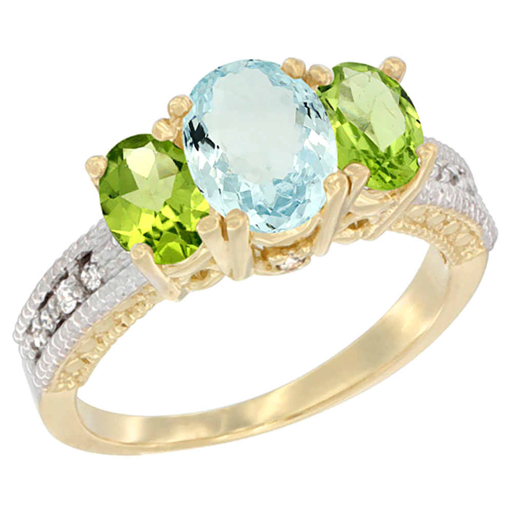 14K Yellow Gold Diamond Natural Aquamarine Ring Oval 3-stone with Peridot, sizes 5 - 10