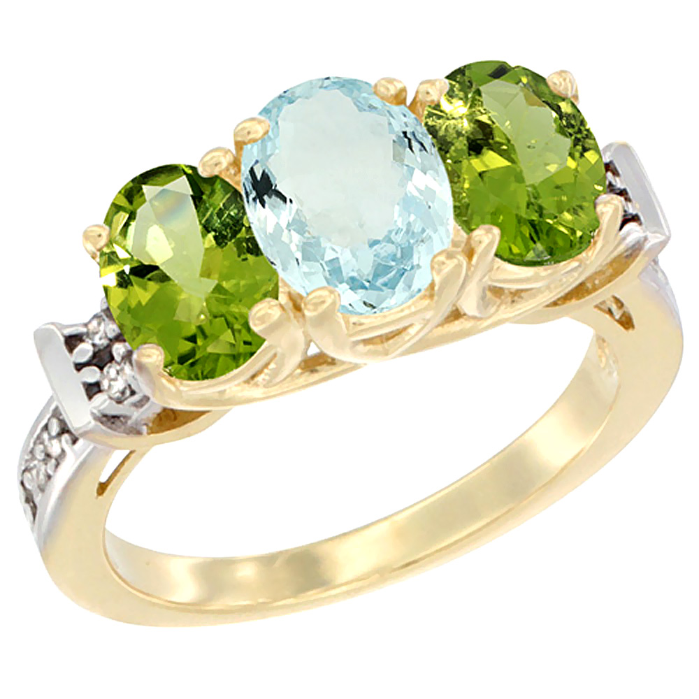 14K Yellow Gold Natural Aquamarine & Peridot Sides Ring 3-Stone Oval Diamond Accent, sizes 5 - 10