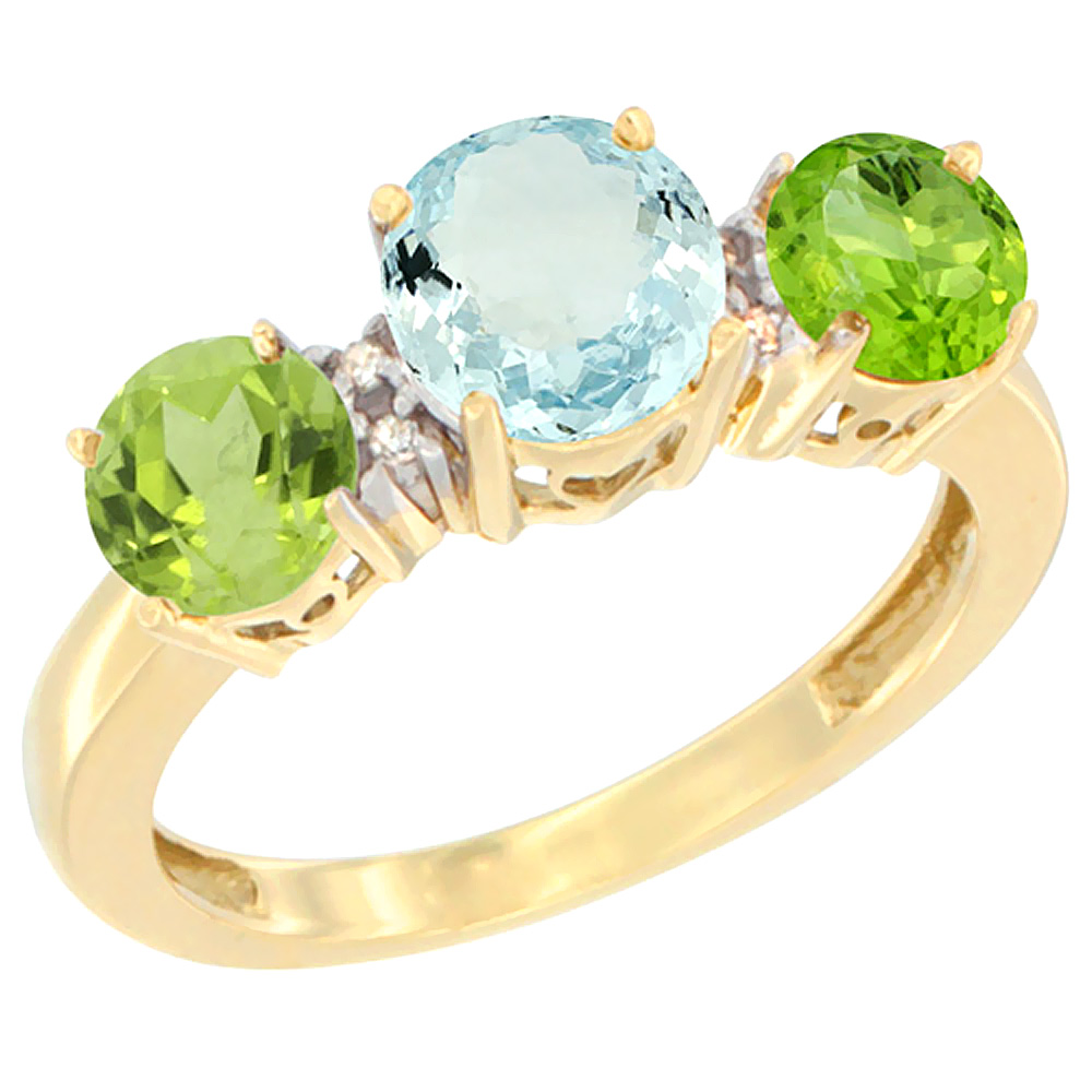 14K Yellow Gold Round 3-Stone Natural Aquamarine Ring & Peridot Sides Diamond Accent, sizes 5 - 10