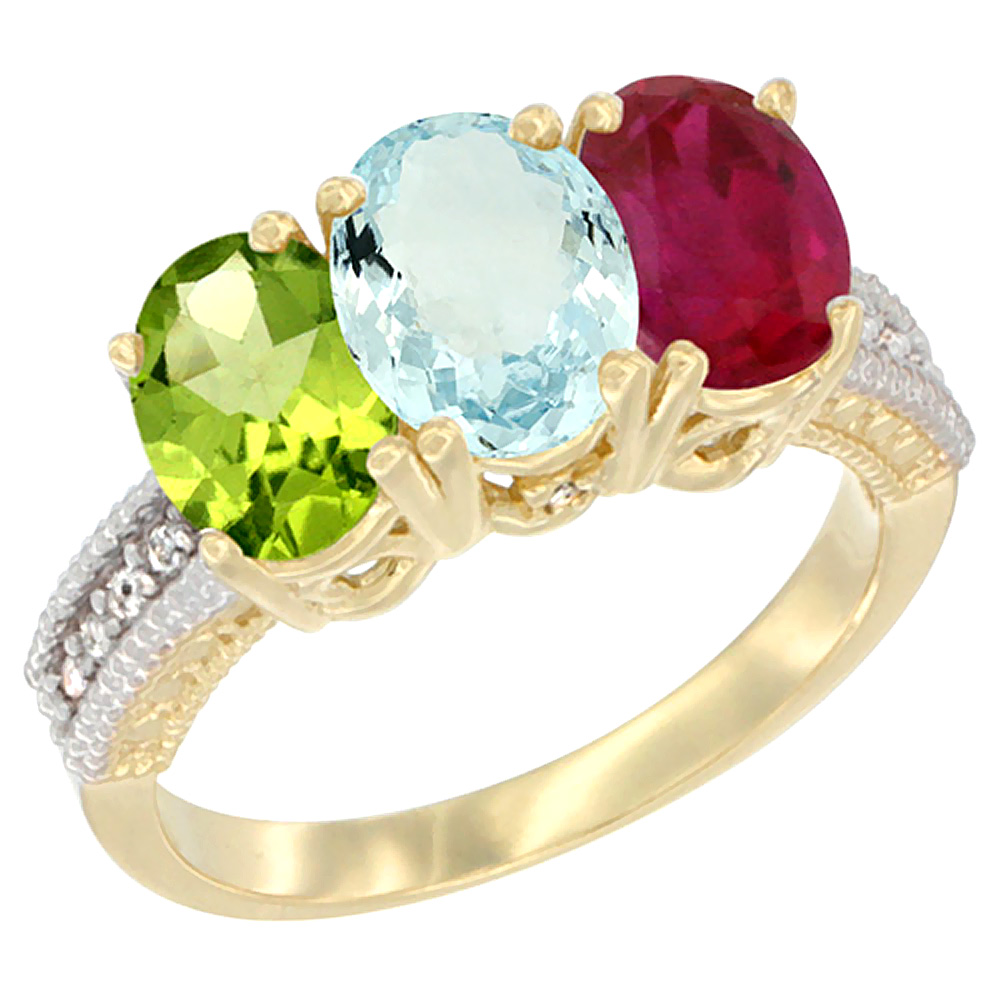 10K Yellow Gold Diamond Natural Peridot, Aquamarine & Enhanced Ruby Ring 3-Stone 7x5 mm Oval, sizes 5 - 10