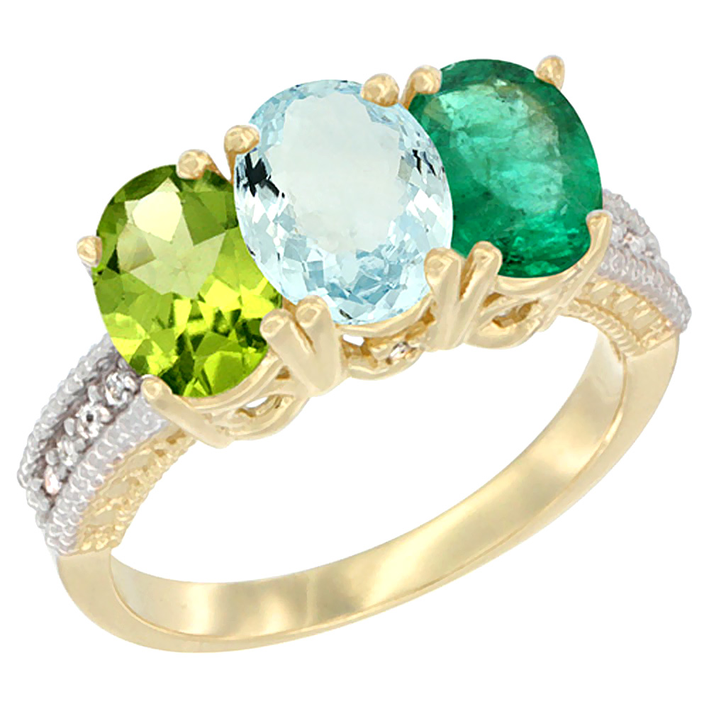 10K Yellow Gold Diamond Natural Peridot, Aquamarine &amp; Emerald Ring 3-Stone 7x5 mm Oval, sizes 5 - 10