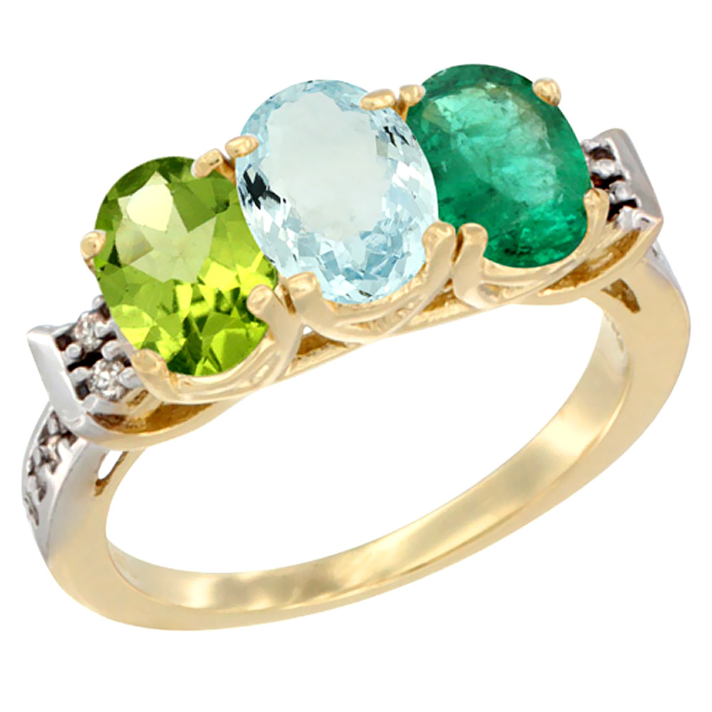 14K Yellow Gold Natural Peridot, Aquamarine &amp; Emerald Ring 3-Stone 7x5 mm Oval Diamond Accent, sizes 5 - 10
